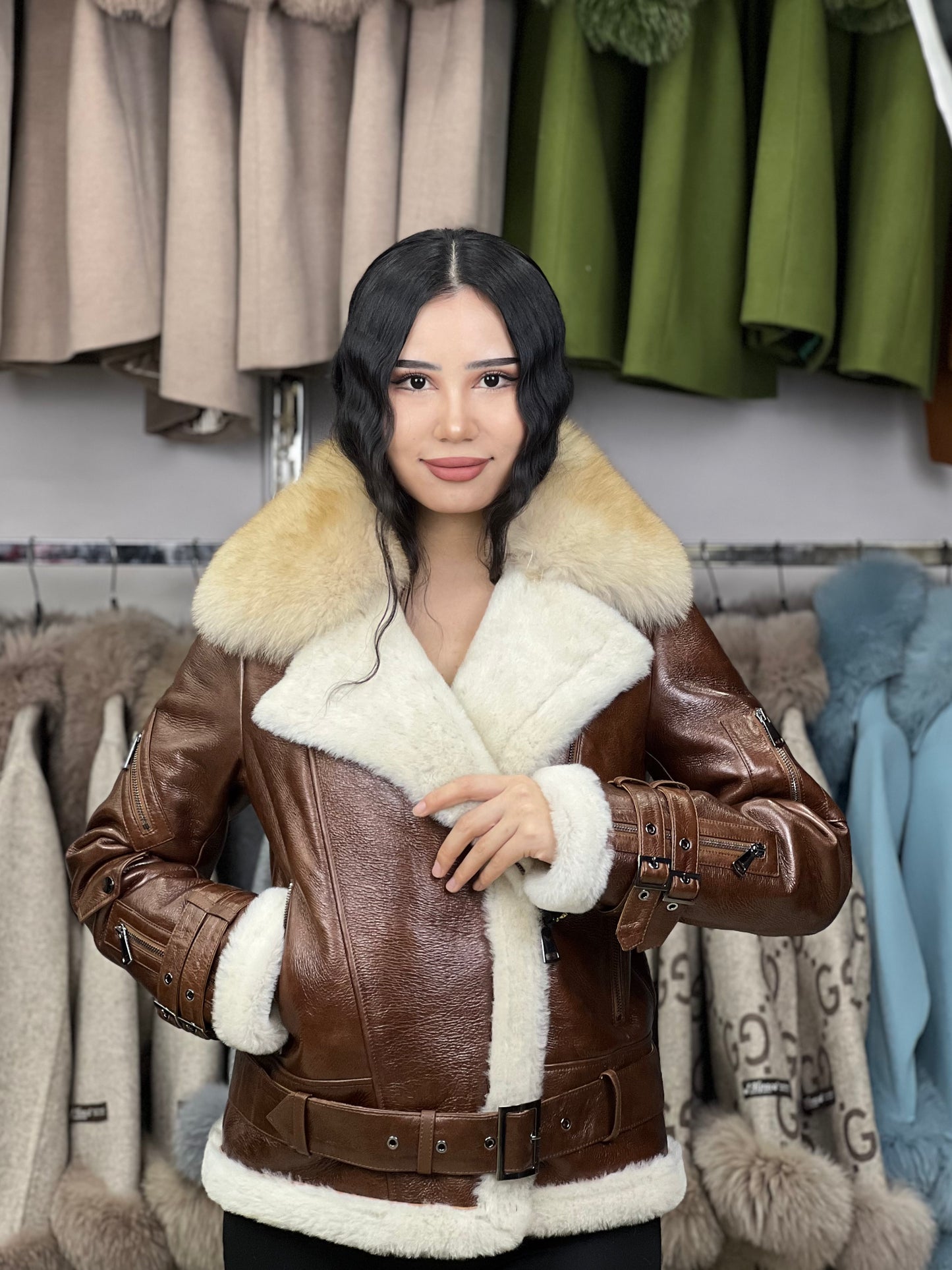 Hakiki Tilki Aksesuarlı Kahverengi Koyun Kürk Manto OZEL1 (Standart Kesim)