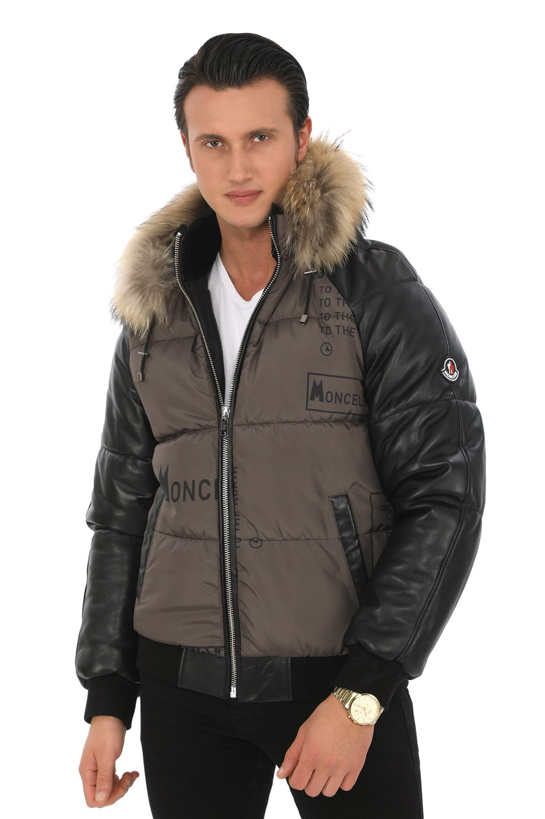 Erkek Su Geçirmez Kumaş & Hakiki Koyun Derisi Ceket/Mont EDC135 (Standart Kalıp)