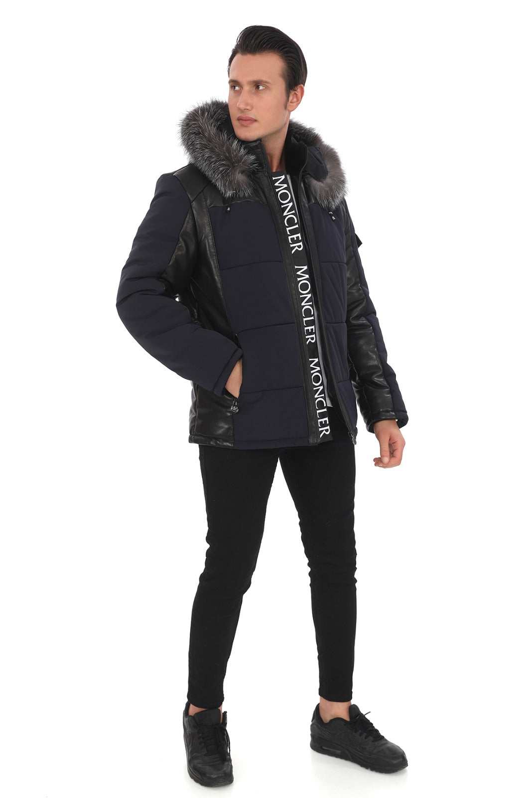 Erkek Su Geçirmez Kumaş & Hakiki Koyun Derisi Ceket/Mont EDC135 (Standart Kalıp)