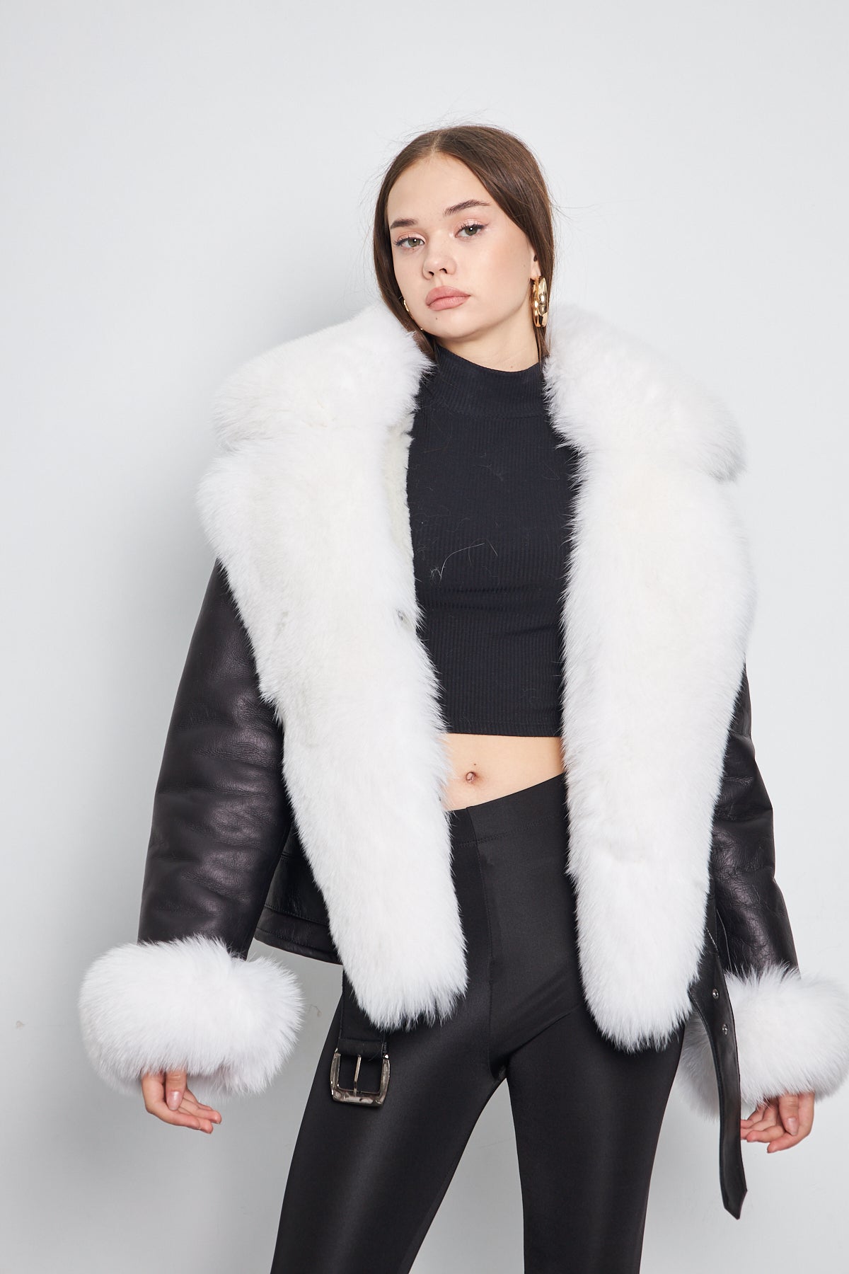 Kadın Tilki Aksesuarlı Hakiki Koyun Kürk Manto BDC122-OZEL6 (Dar Kalıp)