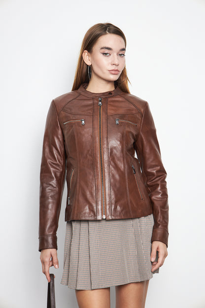Kadın Hakiki Deri Ceket Mont Kuzu Derisi Ceket BDC118 (Dar Kalıp)