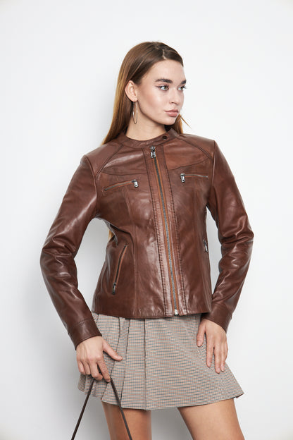 Kadın Hakiki Deri Ceket Mont Kuzu Derisi Ceket BDC118 (Dar Kalıp)