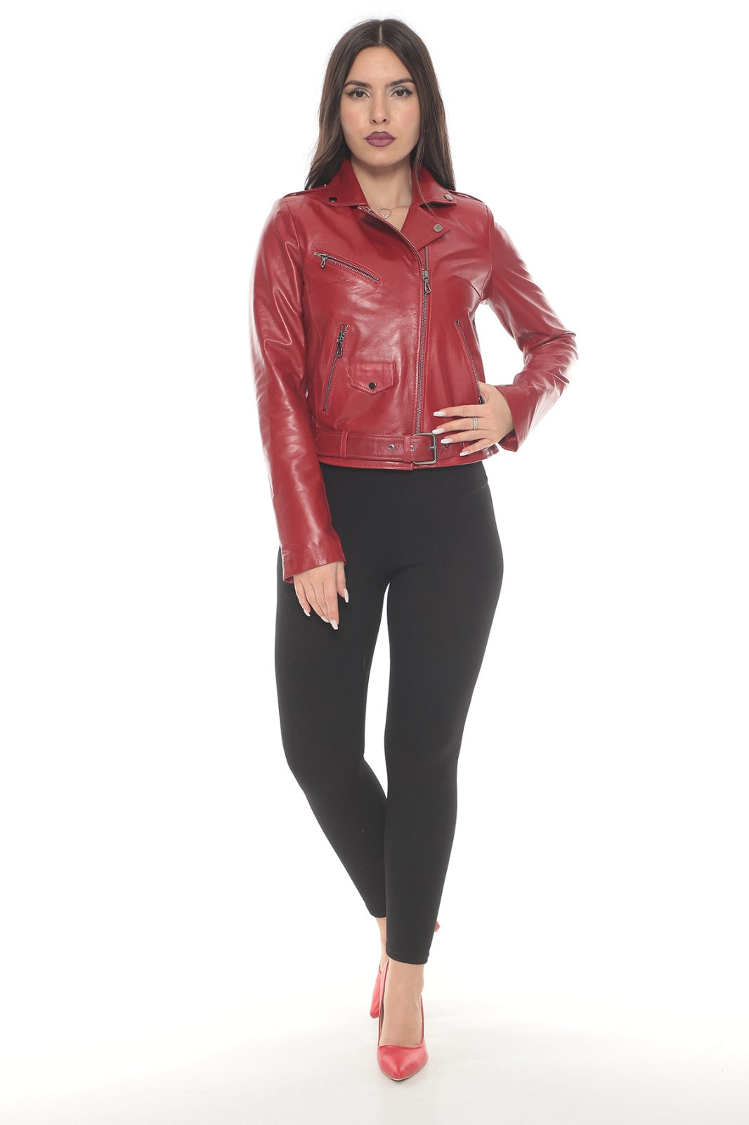 Women's Short Belted Leather Jacket/Coat BDC109 (Slim Cut)